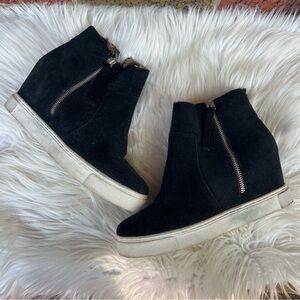 Steve Madden Black Suede and Cheetah Fur Heeled Wedge Booties